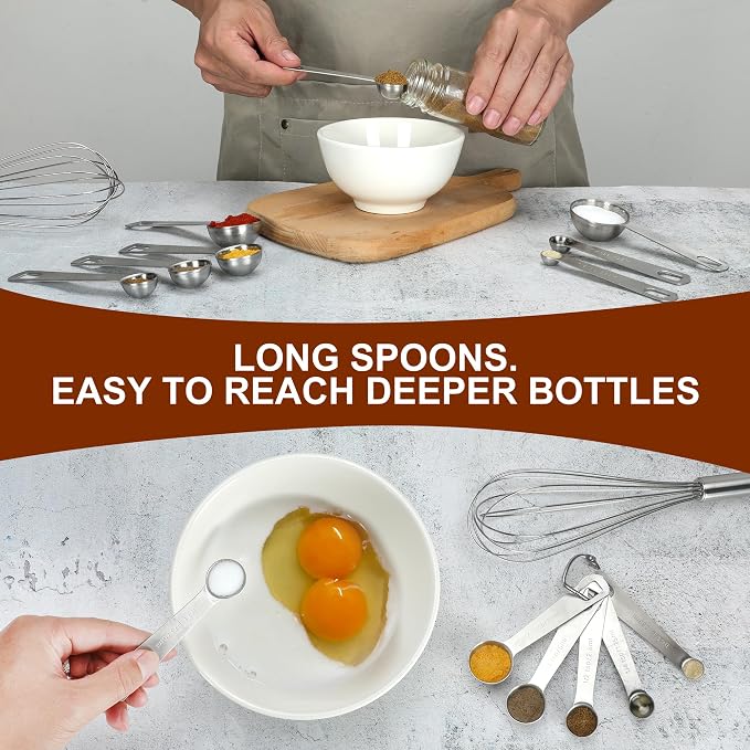17 Pieces Measuring Cups & Spoons set, 7 Cups, 9 Spoons, 1 Leveler, 18/8 Stainless Steel，Kitchen Gadgets for Cooking & Baking with two Ring Connector, Silver