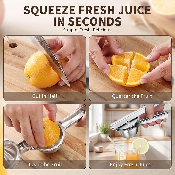 Heavy Duty Lemon Juicer, Premium 304 Stainless Steel Manual Citrus Press, Handheld Squeezer for Lemon, Lime & Orange, Easy & Effortless Use
