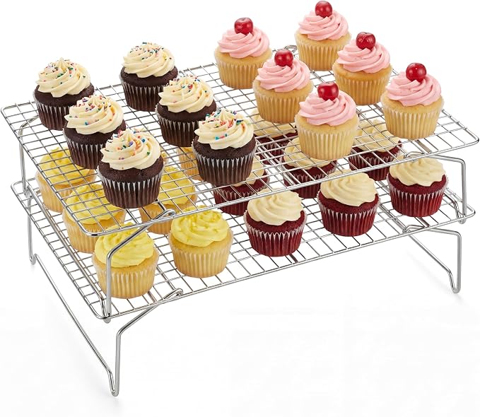 E-far Cooling Rack 15”x10”, 2-Tier Collapsible for Cooking and Baking | Tight-Wire Stainless Steel Cookie Rack for Baking Sheet, Oven, Roasting, Stackable & Space Saving, Dishwasher Safe