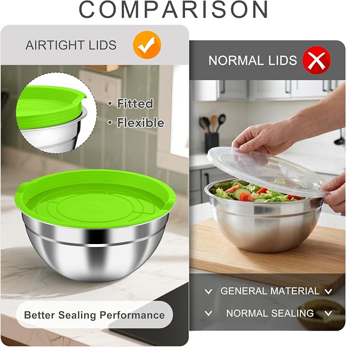 HaWare Mixing Bowls with Airtight Lids, 6-Piece Stainless Steel Salad Bowls, Strong Nesting Bowls for Cooking, Prepping, Baking, Serving & Food Storage, Stackable Design, Size 4.6, 3, 1.5QT, Colorful