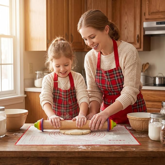 Adjustable Rolling Pin with Thickness Rings & Silicone Baking Mat, 13.78" Dough Roller with 4 Multicolored Rings,Wooden Rolling Pins for Baking, Bread, Pizza Doughs-Home Baking Gift