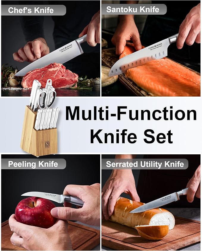 Cook N Home Basics Bamboo Kitchen Cutlery Block Set with Knifes, High Carbon Stainless Steel Blade, 15-Piece, White