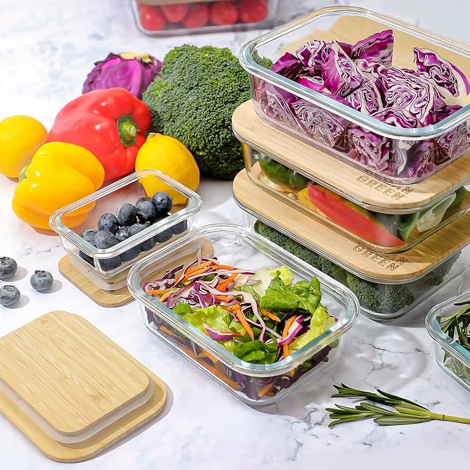 Glass Containers with Bamboo Lids, Bamboo Meal Prep Storage Containers with Lids, Oven, Freezer, Microwave Safe, Pack of 4, 35oz