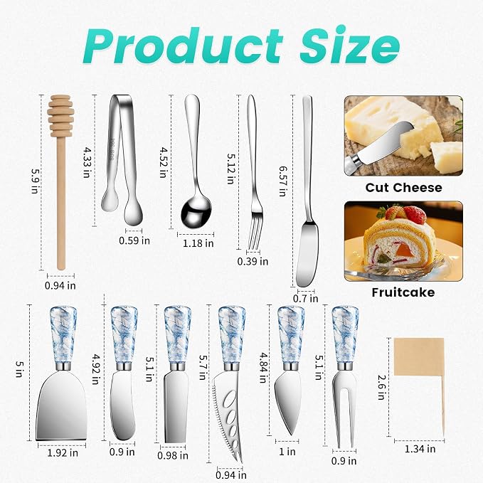 Marble Blue Cheese Knife Set, Ceramic Handle Charcuterie Board Accessories - Butter Spreader, Cheese Slicer, Serving Tongs, Spoons, Forks, Flags, Wooden Honey Dipper