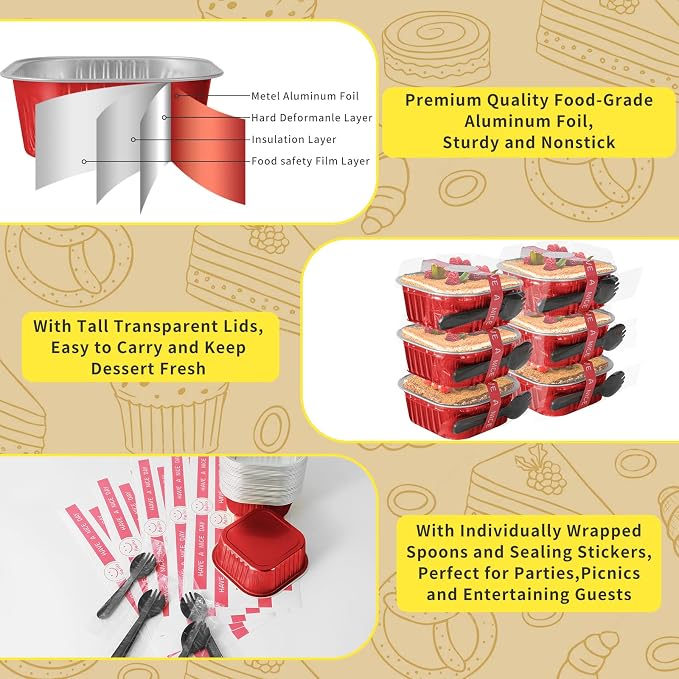 10oz Aluminum Foil Brownie Pans with Lids, 40 Pack Square Cake Pans, Disposable Ramekins Cupcake Cups Containers,Mini Cake Baking Pans,Large Muffin Tin Holder for Catering Gathering - Red