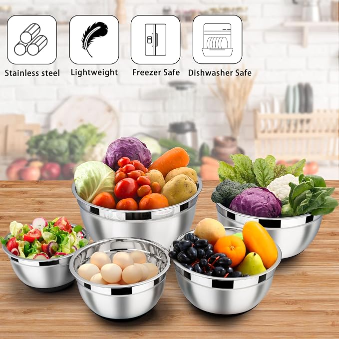 LIANYU Nesting Mixing Bowls Set of 6, Size 7, 3.5, 2.5, 2, 1.5, 1QT | Stainless Steel Large Metal Bowls with Airtight Lids, Ideal for Baking Cooking Food Storage, Non-slip Bottom, Black