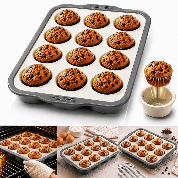 Silicone Muffin Pan 12 Cup, Non Stick Cupcake Baking Mold, Food Grade Heat Resistant Muffin Tray for Oven Baking Cupcakes (Gray)