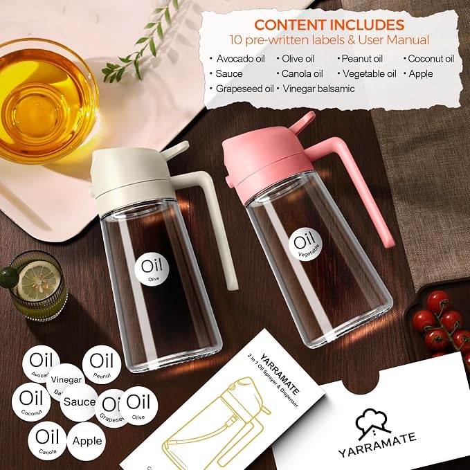 YARRAMATE 16 oz 2-in-1 Glass Olive Oil Sprayer for Cooking, WhiteOrange | Food-grade dispenser bottle, 470 ml, spray and pour, portion control, stickers included, for salad, frying and BBQ