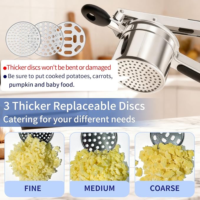 Potato Ricer, Ricer for Mashed Potatoes, 3 Interchangeable Discs Potato Masher Stainless Steel for Fluffy Mashed Potatoes, Heavy Duty Spaetzle Maker with Silicone Handle, for Gnocchi Spaghetti