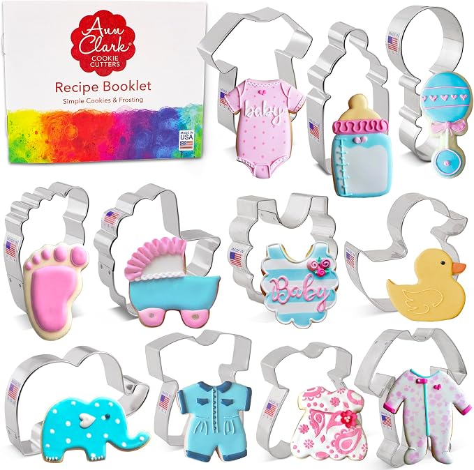Ann Clark 11-Pc. Baby Shower Cookie Cutter Set, Made in USA, Baby Romper, Dress, Onesie, Footie Pajamas, Bib, Footprint, Carriage, Rattle, Bottle, Cute Elephant and Duck
