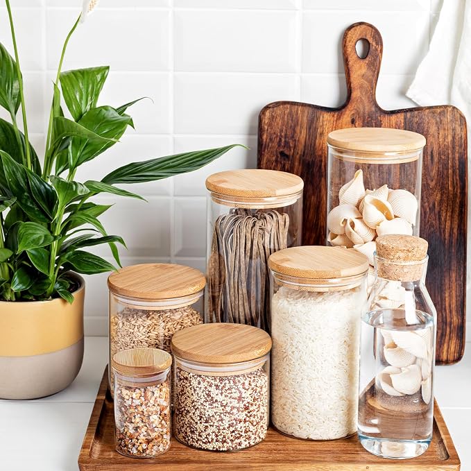 SHOWIN 17oz Glass Food Storage Jars, Glass Jars with Bamboo Lids, Kitchen Storage Jars, Set of 12, Canisters with Airtight Lids for Spice, Coffee, Cookie, Pantry Organizers