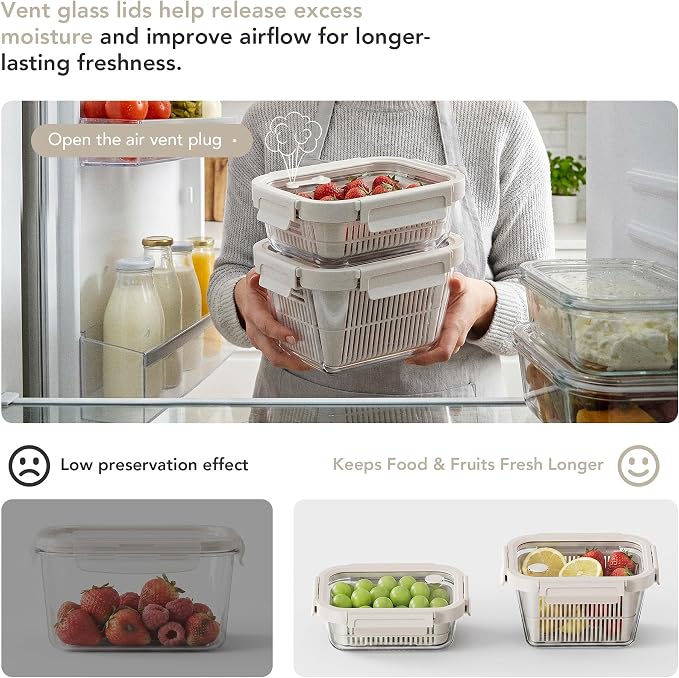 Glass Fruit Storage Containers for Fridge, 2 Pack Produce Containers with Removable Colanders & Vent Glass Lids, Airtight Fruit & Vegetable Storage, BPA Free Borosilicate Glass