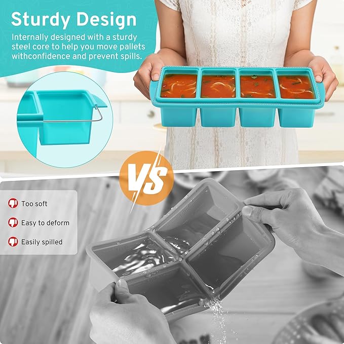 Silicone Freezer Tray with Lid, 1-Cup, 2-Pack (Aqua) | BPA-free, leakproof lid, easy-release, stackable, dishwasher-safe. Great for soups, sauces, leftovers, meal prep, baby food.