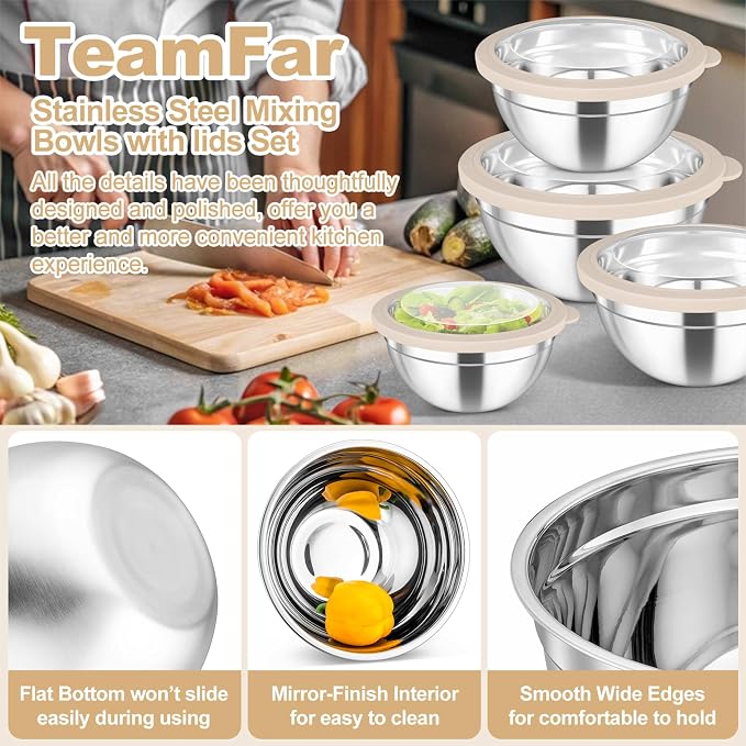 TeamFar Mixing Bowls Set, Stainless Steel Salad Bowl with Lids, Khaki | 4.5/3/1.5/1/0.7 QT, Metal Nesting Bowls with Visible Airtight Lids, For Serving/ Mixing/ Storing, Dishwasher Safe, Set of 5