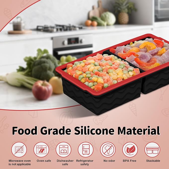 3-Pack Silicone Freezer Trays with Lid,2 Large 2-Cup(500ml)&4 Medium 1-Cup(250ml)&6 Small 1/2-Cup(125ml) Soup Freezer Container Molds,Ice Cube Tray For Meal Prep&Freezing Soup(Black with Red Trim)