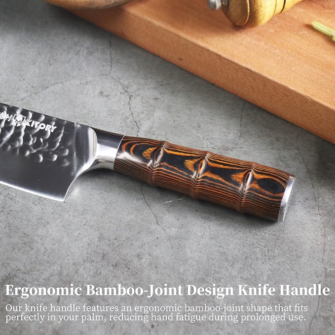 Kitory Chef Knife 8 Inch Professional Japanese Kitchen Knife HC Stainless Steel Hammered Ultra Sharp Blade Ergonomic Bamboo Handle for Home Restaurant Gift