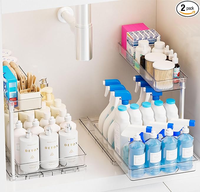 2 Pack 14.6″ Deep Pull Out Under Sink Organizer,12.8″ High 2 Tier Slide Out Cabinet Organizer for Kitchen Cabinet,Undersink Organizers,Under Sink Shelves,Bathroom Organizers and Storage,Clear