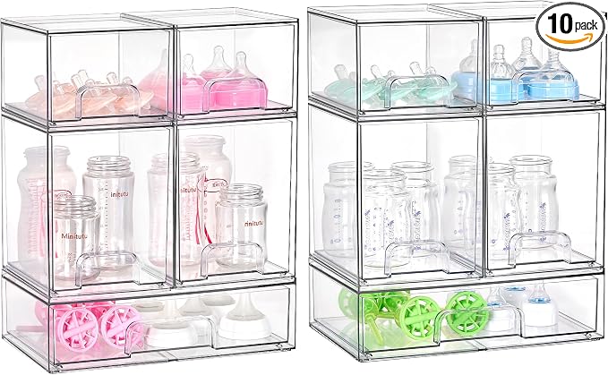 Vtopmart Clear Stackable Storage Drawers Set of 10, Baby Bottle Organizer | Multi-purpose Boxes for Bathroom Accessories, Beauty Supplies, Ideal for Kichen Countertop, Bathroom, Pantry Organization