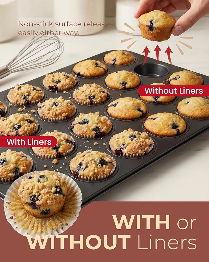 CARTMAN 24-Cup Mini Muffin Pan, Nonstick Carbon Steel Mini Cupcake Tin | Includes 200 paper liners, 24-cup nonstick carbon steel, oven safe 450°F, ideal for egg bites, mini cupcakes & brownies