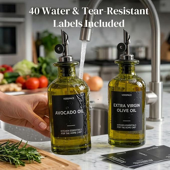 Verspace UV-Protected Green Glass Olive Oil Dispenser Bottles For Kitchen - 2 Pack - 12oz Includes 40 Kitchen Essential Labels, Avocado Oil Dispenser Set, Modern Decor for Home, Airbnb, Cafe