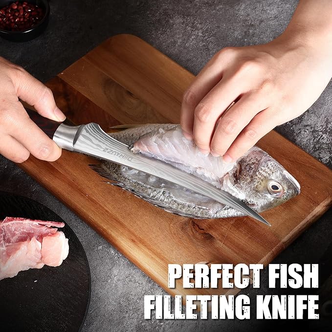 DiiHAUZZ 7 Inch Fillet Knife for Fish, Razor Sharp Boning Knife High Carbon Stainless Steel for Poultry Deboning and Meat Cutting, Japanese Filleting Knives with Ergonomic Pakkawood Handle, Sheath