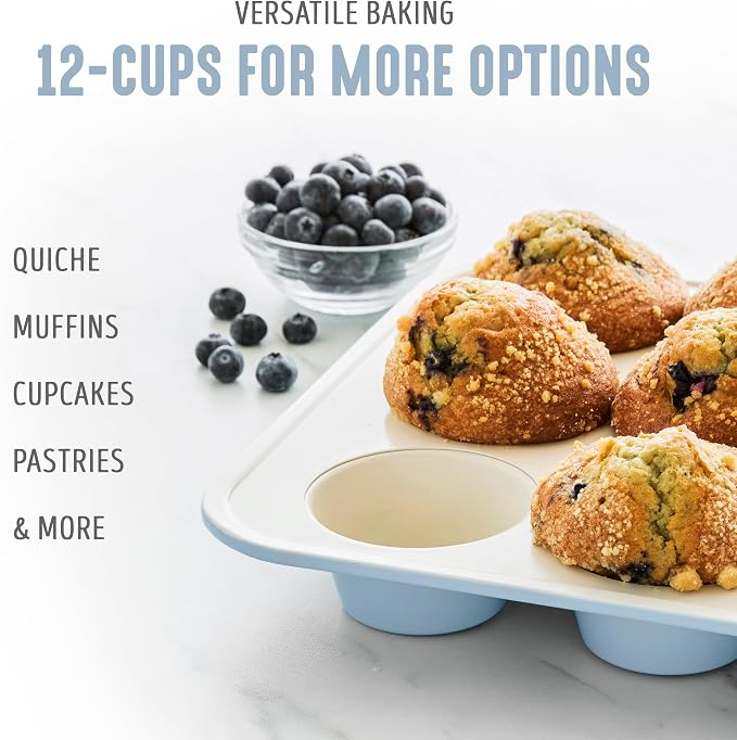 GreenLife 12 Cup Ceramic Nonstick Muffin Pan, Blue Haze | 11.4" x 1.9" x 15.9", PFAS-Free Nonstick, Cupcake Tin, Easy Release, Even Heating, Wipe Clean, Heavy Duty, Warp Resistant