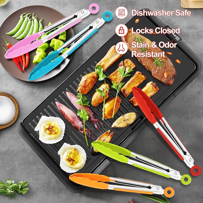 7Pack Kitchen Tongs,7 Inch Small Silicone Tongs with Stainless Steel Silicon Handles and Nylon Tips,Heat Resistant Non-Stick Cooking Tongs,Mini Locking Food Tongs for Cooking Salad Grilling