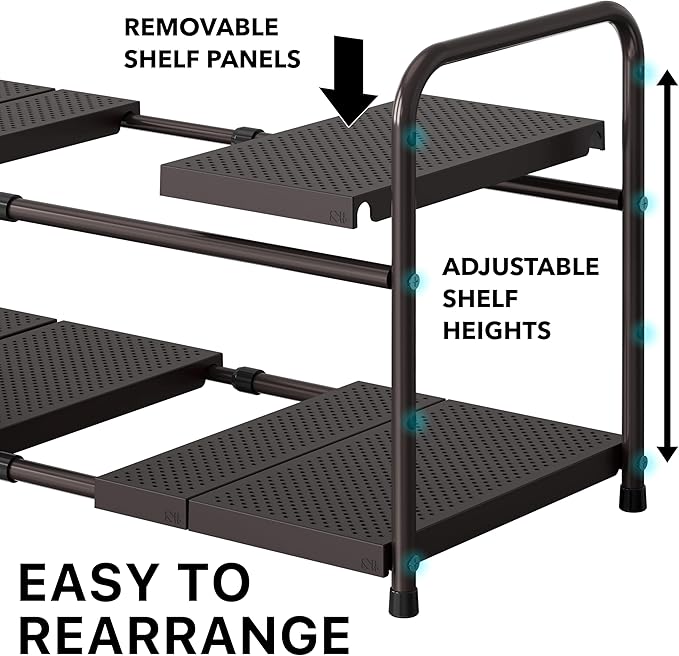 Simple Houseware Under Sink 2-Tier Heavy Duty Expandable Organizer, Bronze | Adjustable Width 15.75–25 Inches with 4 Shelf Height Levels