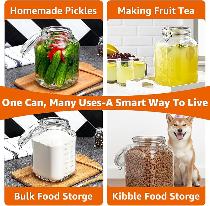 2 Pack 1.1 Gallon Square Super Wide Mouth, Airtight Glass Storage Jars, with Measurement Marks, Leak-Proof Lids for Kitchen Pantry, Canning, Dry Food (Flour, Sugar) & Drinks