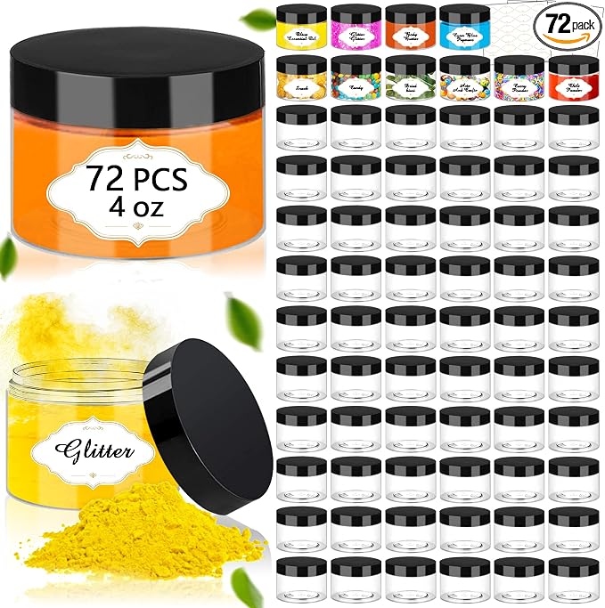 PeacePeo Plastic Jars with Lids 4 OZ, 72 Pack Clear Slime Containers | Empty Refillable, Black Screw on Lids, Organize Small Items, Samples, Lotions & Beauty Products, Keep Home Kitchen Neat