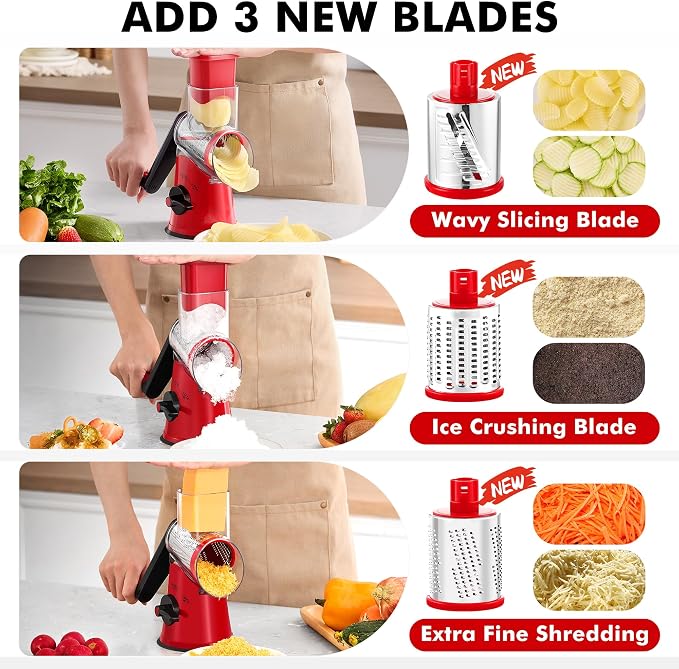 GDL Cheese Grater Hand Crank - Upgraded 6-in-1 Cheese Grater with Handle and Strong Suction Base, Multi-purpose Cheese Shredder Vegetable Slicer Ice Shaver for Potato, Vegetables, Nuts, Chocolate