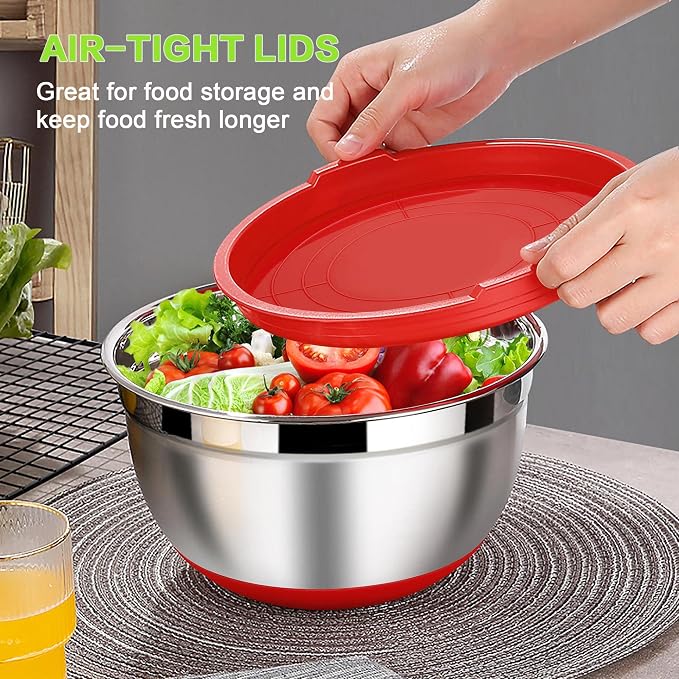 LIANYU Mixing Bowls Set of 6 with Airtight Lids, Non-slip Bottom | Large Metal Size 7, 3.5, 2.5, 2, 1.5, 1QT, Stainless Steel Nesting Bowls for Cooking, Baking, Food Storage, Red