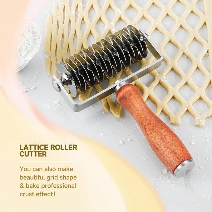 Pastry Lattice Roller Cutter, Stainless Steel Dough Cutter Wheel with Wood Handle, Time-Saver Baking Tools for Beef Wellington Pie Crust Pizza Bread, JKUS20408 | Dough Cutter Wheel Time-Saver Baking Tools for Beef Wellington Pie Crust Pizza Bread