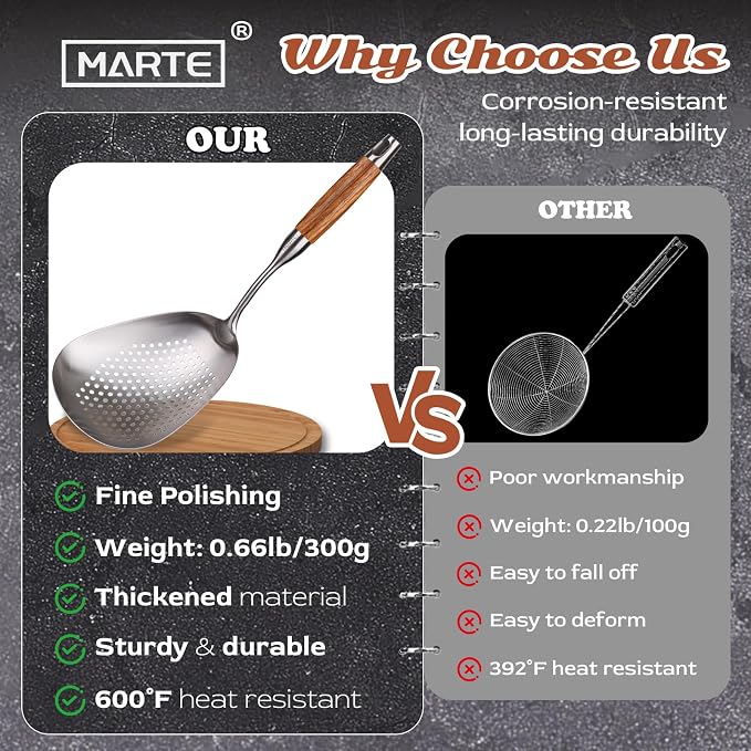 MARTE Skimmer Slotted Spoon，304 Stainless Steel Large Skimmer Ladle Spoon Spider Strainer for Cooking and Deep Frying，16 Inch Pasta Strainer Spoon for Kitchen with Ergonomic Comfortable Grip Handle