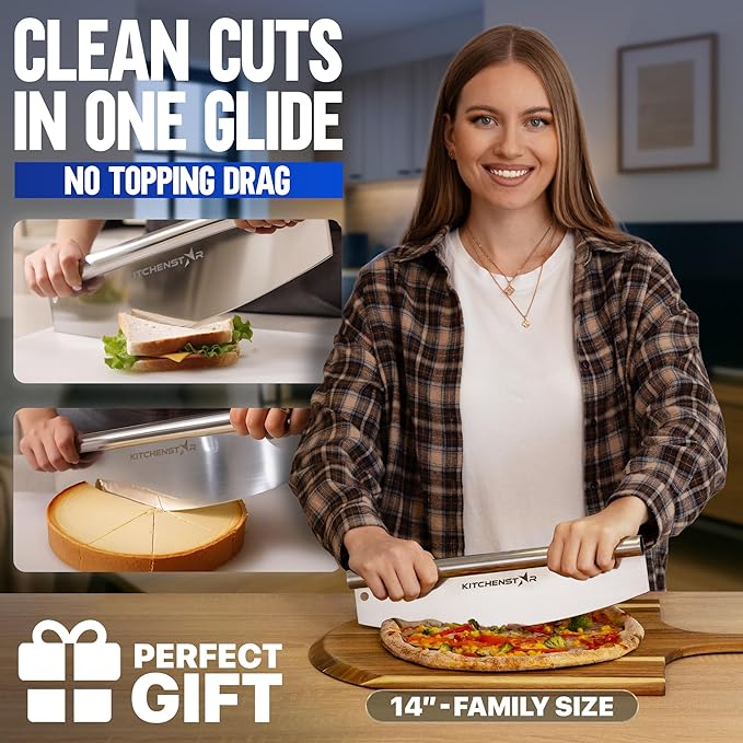 14-Inch Pizza Cutter Rocker Blade, 304 Stainless Steel Slicer Knife, Silver | Protective cover included, dishwasher safe, one-piece design, food-grade stainless steel, suitable for medium pizzas