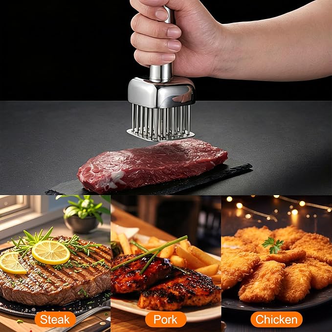 28-Needle Meat Tenderizer Tool, 304 Stainless Steel Steak Tenderizer | with Safety Guard & Cleaning Brush, Dishwasher Safe Kitchen Gadget for Faster Marinade & Grilling