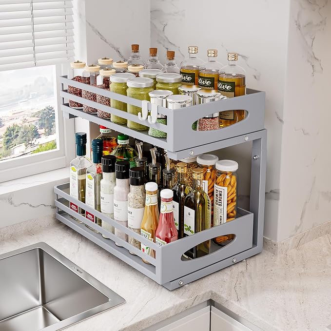 Under Sink Organizer, 2 Tier Under Sink Organizers and Storage, Adjustable Height, Slide out Metal Cabinet Organizers, Pull out Cabinet Storage Drawer Shelf for Kitchen Bathroom (Gray, 1 Pack)