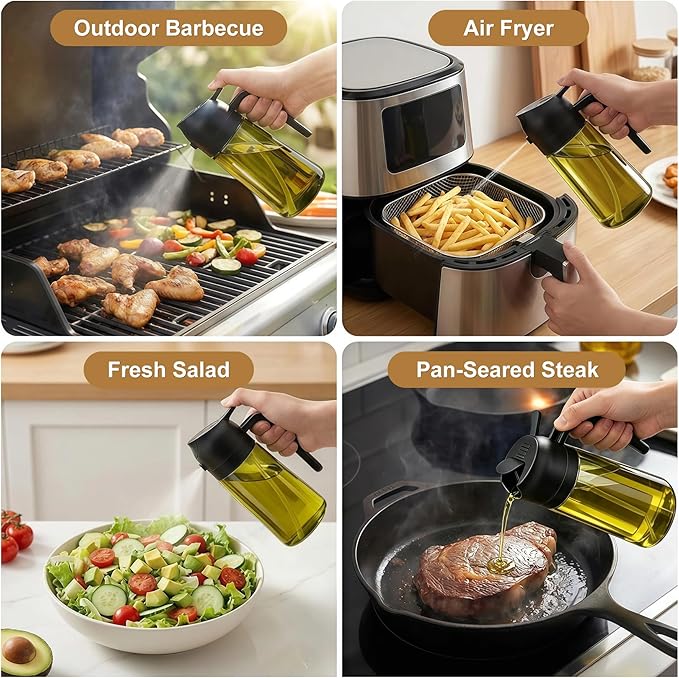 Poshetion 2 in 1 Olive Oil Sprayer for Cooking, 16oz Light-Proof Oil Dispenser for Kitchen, Leak-Proof Oil Spray Bottle for Air Fryer, Salad, BBQ, Baking, Grilling - Black