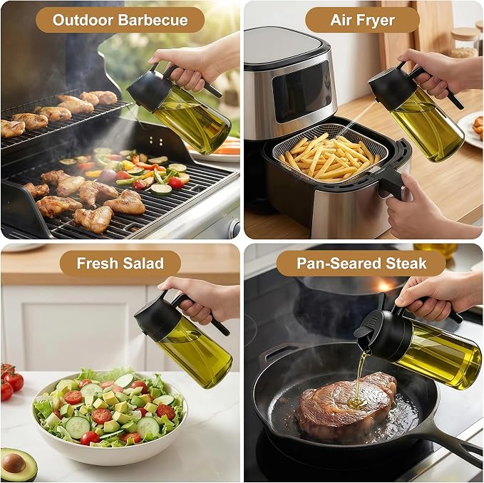 Poshetion 2 in 1 Olive Oil Sprayer for Cooking, 16oz Light-Proof Oil Dispenser for Kitchen, Leak-Proof Oil Spray Bottle for Air Fryer, Salad, BBQ, Baking, Grilling - Black & Black