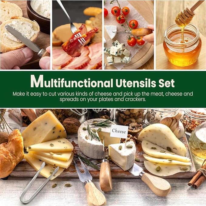 Charcuterie Board Accessories, 23 Pieces Silver Stainless Steel Cheese Knife Set with Wooden Handle for Charcuterie Utensils, Mini Serving Tongs Spreaders Spoons Forks Honey Dippers and Flags