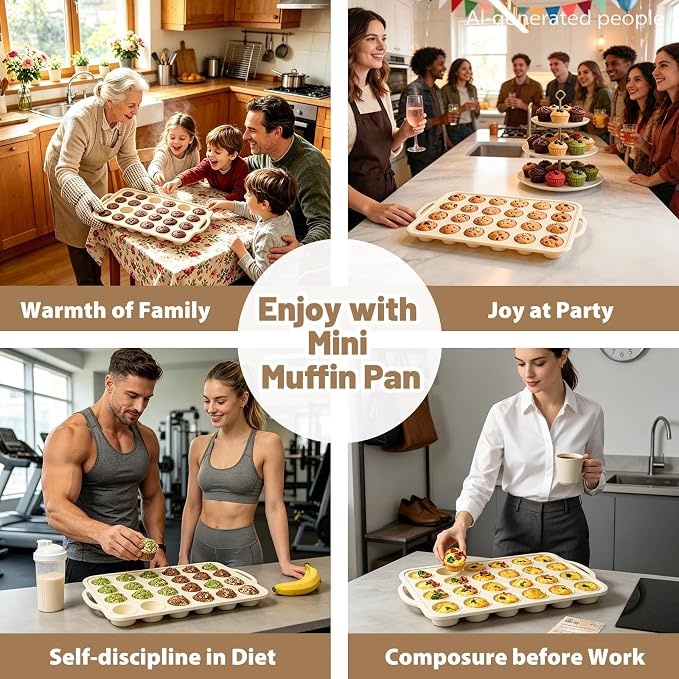 Beige Mini Silicone Muffin Molds: 2 Pack 24 Small Cupcake Mold for Baking | Silicone Mini Muffin Tray for Various Recipes - Molds with Metal Frame for Oven - for Baking Lovers Vnray
