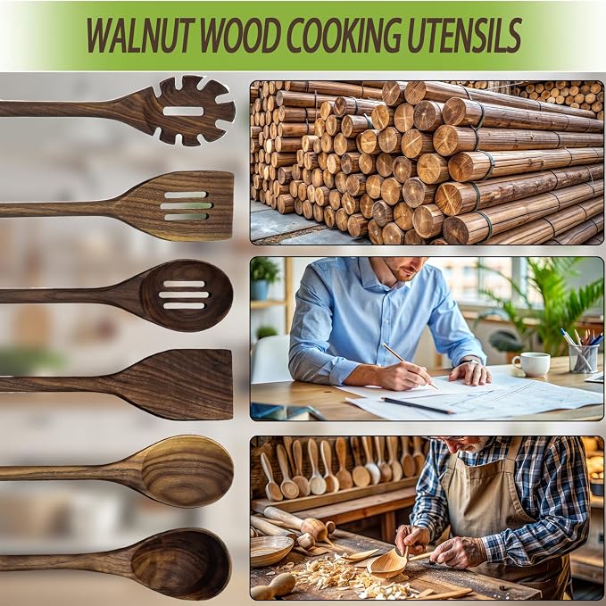 13.5" Walnut Wood Slotted Spoon, Wooden Cooking Utensil with Holes for Draining, Long Handle Kitchen Serving Spoon for Mixing Stirring, Non-Stick