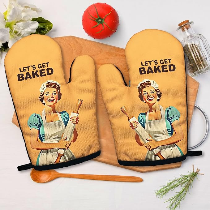 Let's Get Baked, Funny Silicone Non-Slip Oven Mitts Sets of 2, Retro Baking Mitts, Kitchen Gift for Women, Bake Lover Gift, Housewarming Gifts