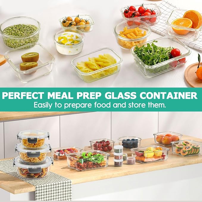 AMALEKO 34pc Glass Food Storage Containers with Lids Set, Airtight Glass Meal Prep Containers, Leak Proof Lunch Container BPA-Free, Microwave, Oven, Freezer, Dishwasher Safe-Gray