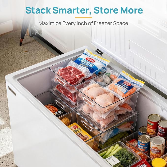 Vtopmart 4 Pack Extra Large Clear Stackable Storage Bins with Lids for Cube | 11in Cube Storage Bins with Handle for Onions and Potatoes, Plastic Containers for Pantry, Freezer, Kitchen, Closet, Bathroom