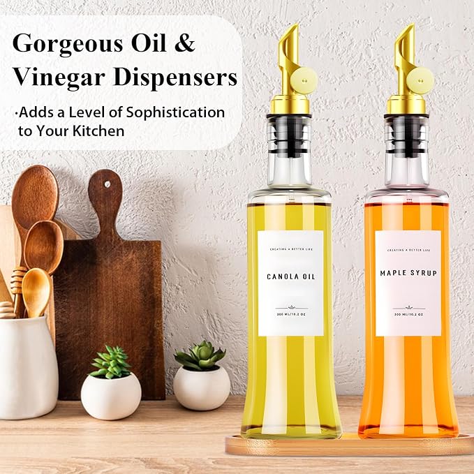 Olive Oil Dispenser Bottles for Kitchen with Bamboo Tray, Oil and Vinegar Dispenser Set, Coffee Syrup Dispensers, Glass Dispensers for Kitchen, Dispenser Bottle of 300ml - Set of 2 Gold