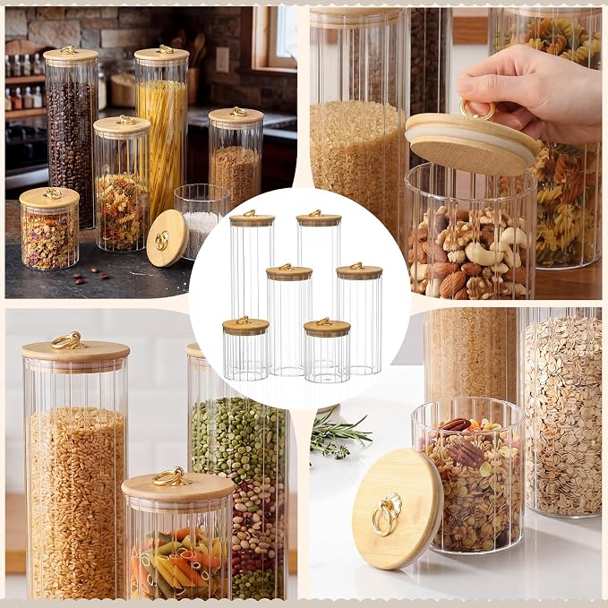 SiliFine 6 Set Glass Pantry Storage Jar with Acacia Airtight Lid 3 Size Glass Storage Container Jar for Pasta Spaghetti Cereal Coffee Bean Flour Sugar Rice, 17oz, 35oz, 53oz (Bamboo Lid with Ring)