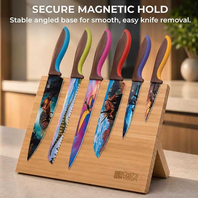 Chef’s Vision Magnetic Knife Block - Bamboo Magnetic Knife Stand for Kitchen Counter - Freestanding Knife Display Holder for Colorful Knives - Modern Kitchen Décor