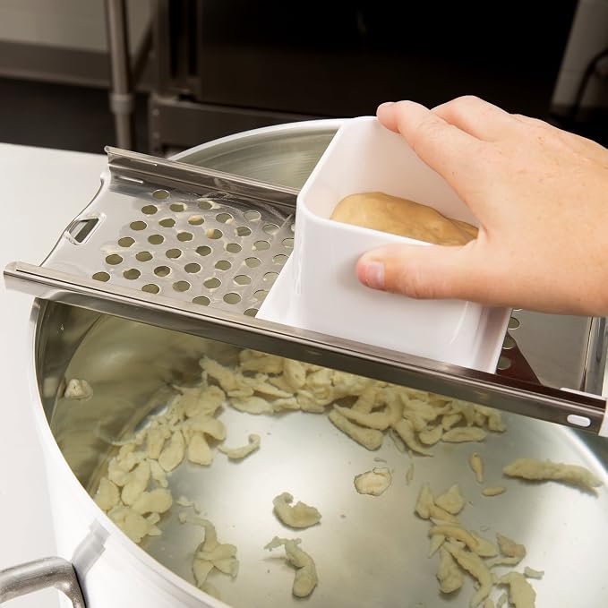 Premium Grade Stainless Steel Spaetzle Maker with Safety Pusher, Stainless Steel Spider Strainer Skimmer Spoon Pasta Strainer, Homemade Traditional German Egg Noodle Dumpling Making Tool Set