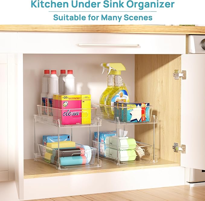 Vtopmart 4 Pack Pull Out Bathroom Under Sink Organizer (S-Standard) | Slide-out drawers, Multi-purpose storage, Clear visibility, Easy Set-up
